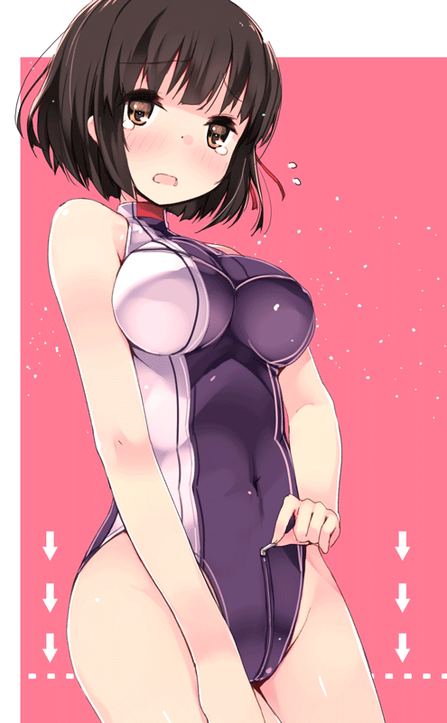 1girl black_hair blush breasts brown_eyes covered_navel flying_sweatdrops haguro_(kantai_collection) kantai_collection large_breasts one-piece_swimsuit open_mouth refeia short_hair simple_background skin_tight swimsuit tears