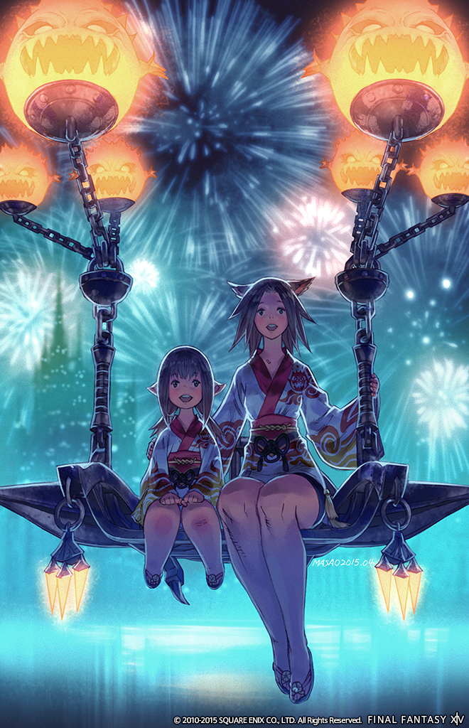 animal_ears bare_legs bomb_(final_fantasy) cat_ears copyright_name dated final_fantasy final_fantasy_xiv fireworks hand_on_another's_shoulder hands_on_lap japanese_clothes kimono lalafell masao miqo'te night night_sky official_art open_mouth sandals short_hair sky twintails yukata