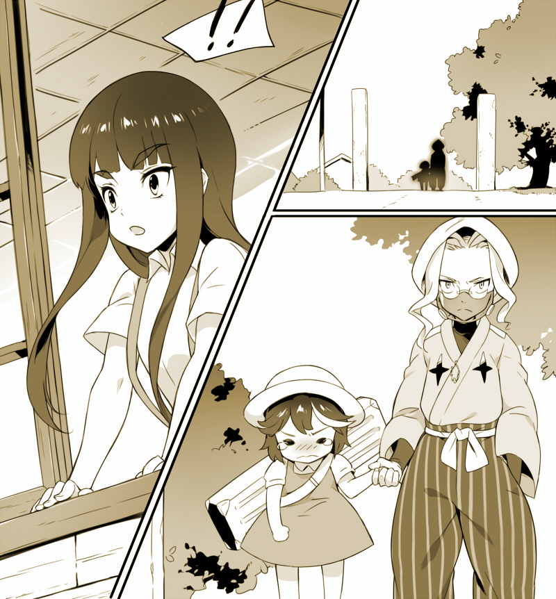 ! !! 1000marie 1boy 2girls blush carrying_over_shoulder case child comic crying hat holding_hands iori_shirou kill_la_kill kiryuuin_satsuki kusakabe_mei kusakabe_mei_(cosplay) kusakabe_satsuki kusakabe_satsuki_(cosplay) looking_out_window matoi_ryuuko multiple_girls namesake silhouette surprised teardrop tonari_no_totoro window younger