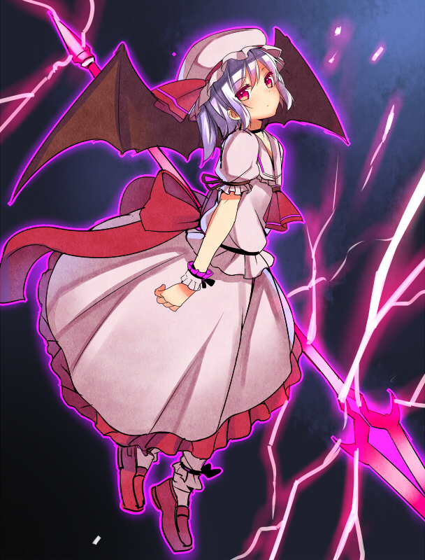 1girl bat_wings blue_hair frilled_skirt frills mob_cap mokyu_(kukoudesu) red_eyes remilia_scarlet skirt spear_the_gungnir touhou wings wrist_scrunchie