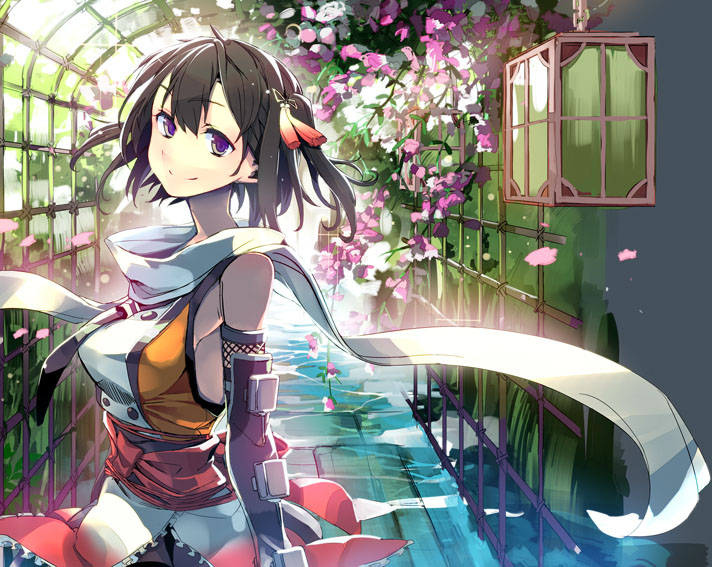 1girl black_hair elbow_gloves flower gloves hair_ornament hidori_(hibi_toridori) japanese_clothes kantai_collection lantern looking_at_viewer remodel_(kantai_collection) scarf sendai_(kantai_collection) smile solo violet_eyes water