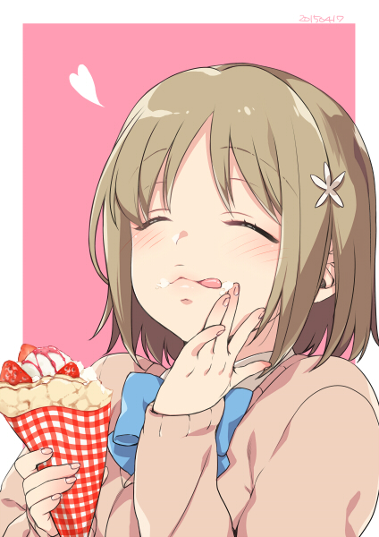 1girl blush brown_hair closed_eyes cream crepe eating flower food food_on_face fruit hair_flower hair_ornament idolmaster idolmaster_cinderella_girls licking_lips mimura_kanako school_uniform short_hair smile solo strawberry sumeragi_kohaku tongue tongue_out