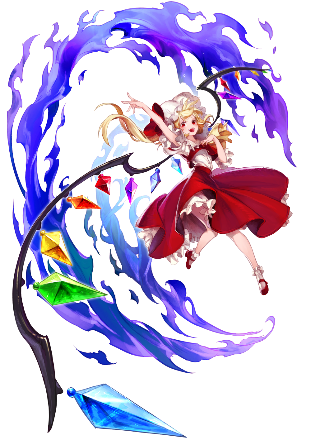 1girl blonde_hair blue_fire bobby_socks crystal fire flandre_scarlet full_body hat highres long_hair mary_janes mob_cap open_mouth outstretched_arm pose red_shoes red_skirt shoes side_ponytail skirt skirt_set socks solo tears touhou white_hat white_legwear wings yuri_(anachronic)