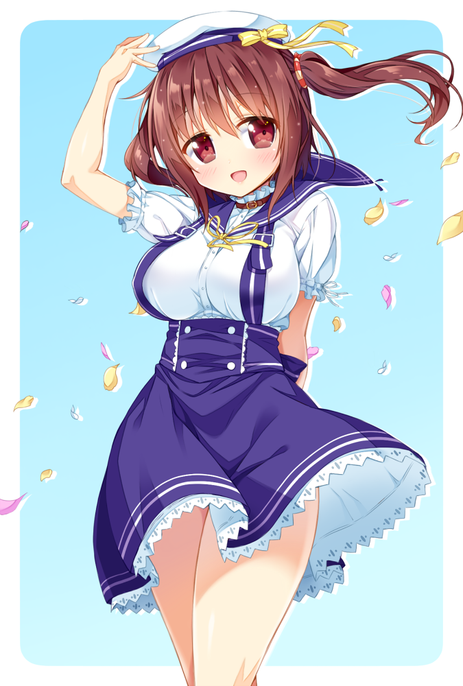 1girl blush breasts brown_hair collar ebina_nana hat himouto!_umaru-chan ichi_makoto large_breasts long_hair looking_at_viewer open_mouth petals red_eyes sailor_collar school_uniform smile solo twintails