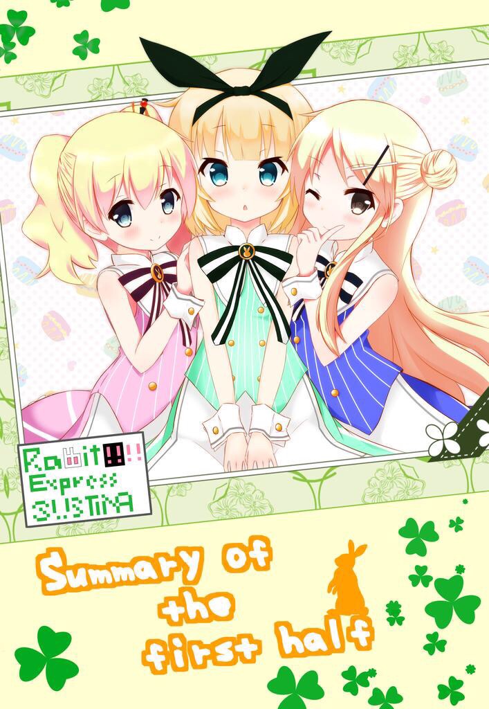 3girls alice_cartelet blonde_hair blue_eyes brown_eyes crossover gochuumon_wa_usagi_desu_ka? kin-iro_mosaic kirima_sharo kujou_karen long_hair looking_at_viewer multiple_girls short_hair smile wrist_cuffs yasaka_(astray_l)