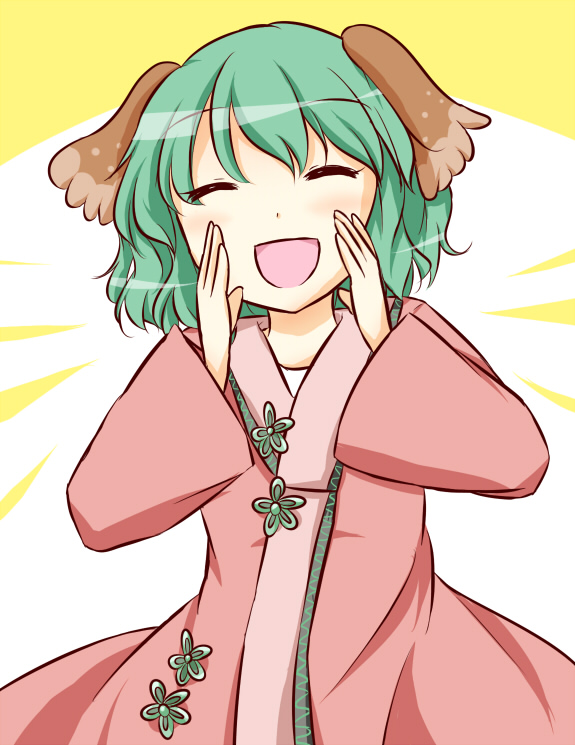 1girl :d ^_^ animal_ears blush closed_eyes date_pun dog_ears dress green_hair kasodani_kyouko number_pun open_mouth puchimirin short_hair shouting smile solo touhou