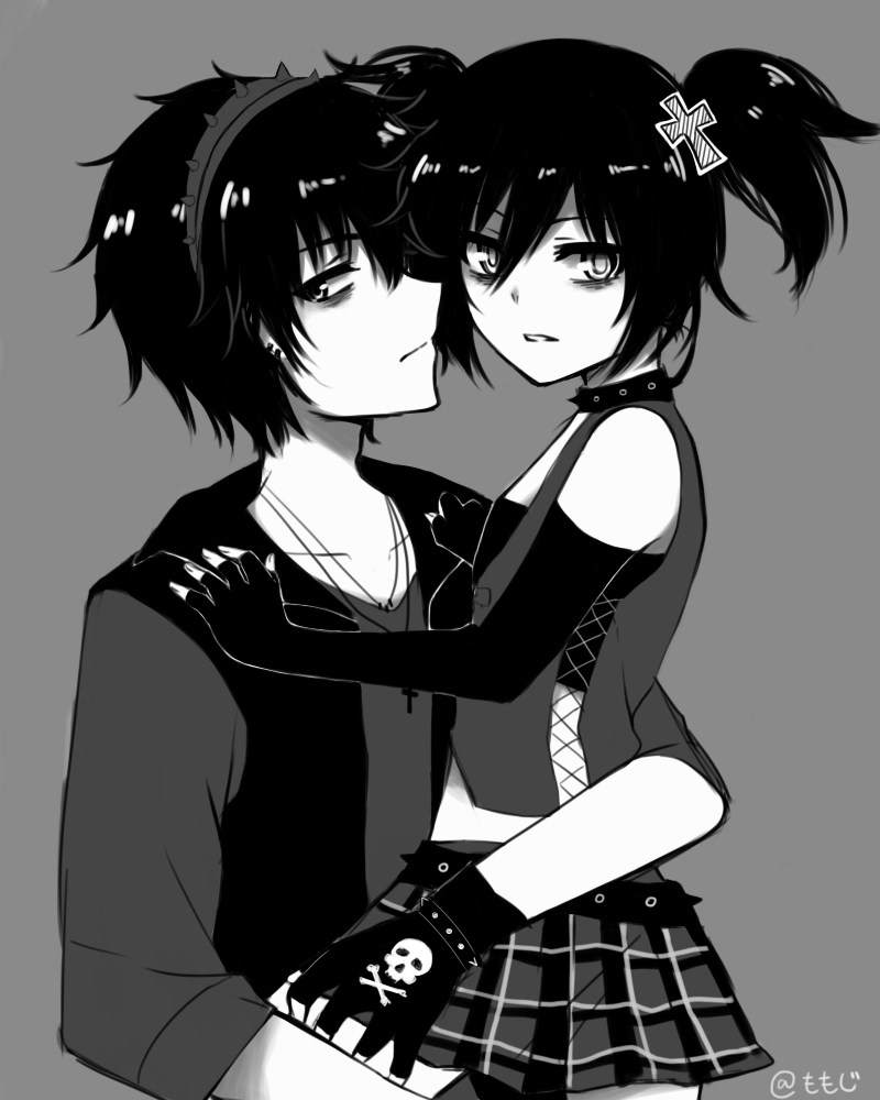 1boy 1girl alternate_hairstyle bags_under_eyes bare_shoulders belt cross cross_necklace elbow_gloves fingerless_gloves gloves hairband kuroki_tomoki kuroki_tomoko looking_at_viewer monochrome short_hair short_sleeves short_twintails siblings skirt studded_belt studded_bracelet studded_collar twintails vest watashi_ga_motenai_no_wa_dou_kangaetemo_omaera_ga_warui!