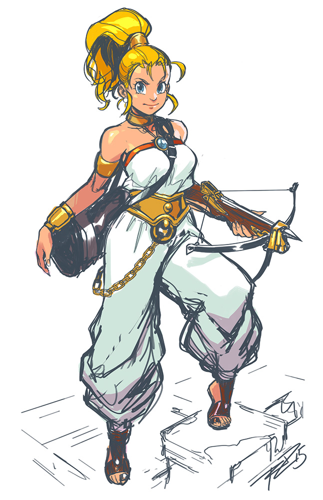 1girl armlet baggy_pants belt blonde_hair blue_eyes bow_(weapon) bracer breasts choker chrono_trigger crossbow full_body gem high_ponytail jewelry marle necklace pants ponytail quiver robert_porter sandals solo standing strap_cleavage strapless toes weapon