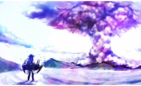 1girl explosion haruna_(kantai_collection) kantai_collection lowres mountain mushroom_cloud solo water world_war_ii