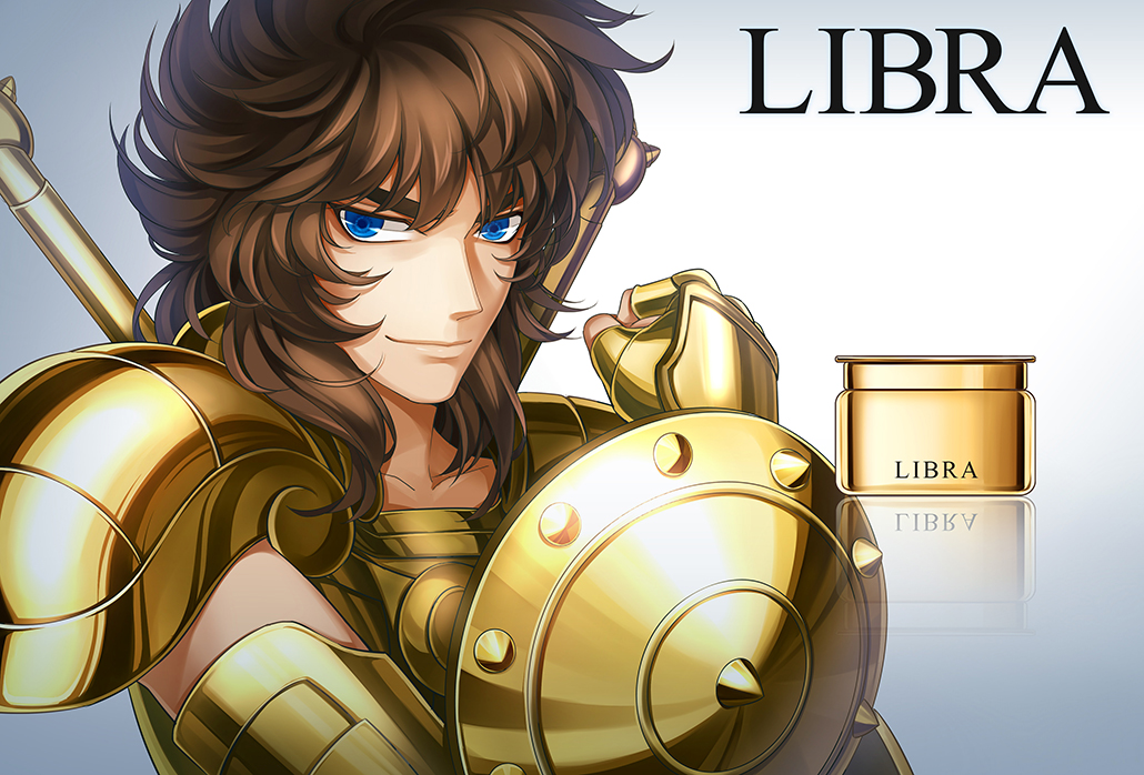 1boy armor blue_eyes bottle brown_hair full_armor golden_armor libra_dohko male male_focus perfume_bottle product_placement saint_seiya simple_background solo yonakaforever