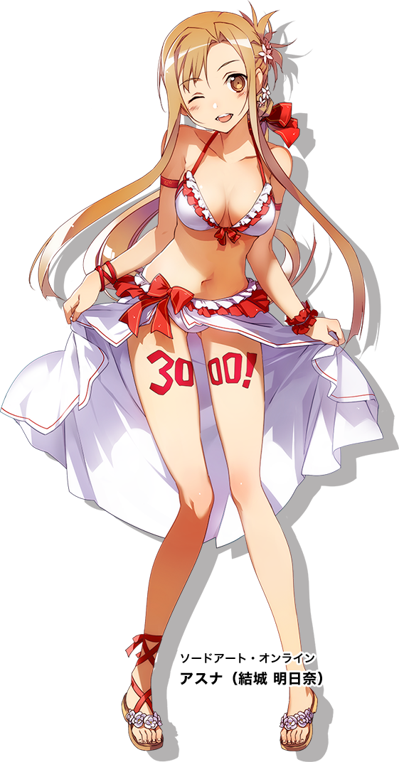 1girl ;d abec armband asuna_(sao) bikini bikini_skirt blush bow bow_bikini breasts brown_eyes brown_hair cross-laced_legwear flower frilled_bikini frills front-tie_top full_body hair_bow hair_flower hair_ornament leaning_forward looking_at_viewer low_ponytail navel one_eye_closed open_mouth pigeon-toed sandals sidelocks simple_background smile solo swimsuit sword_art_online white_background white_bikini white_swimsuit wrist_cuffs wrist_ribbon