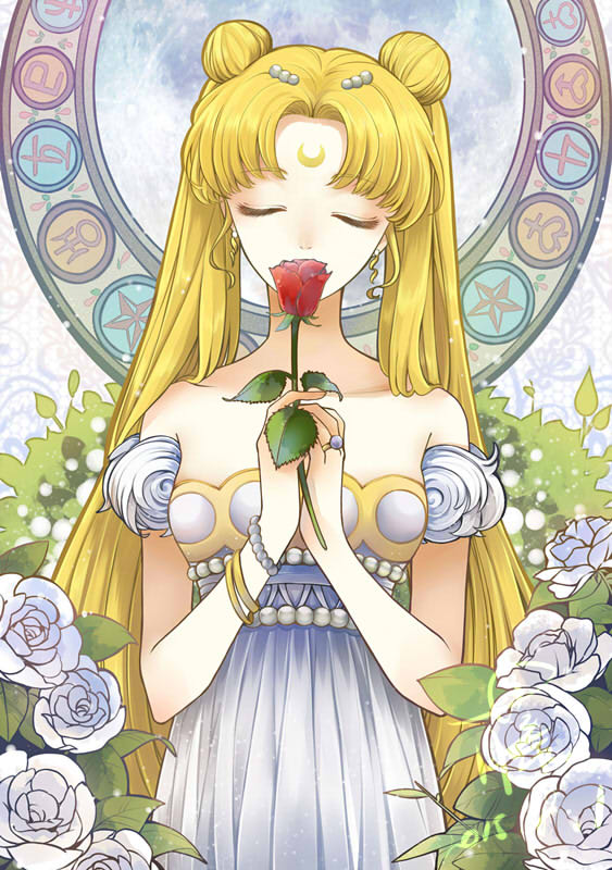 1girl bare_shoulders bishoujo_senshi_sailor_moon blonde_hair bracelet closed_eyes collarbone crescent double_bun dress facial_mark flower forehead_mark full_moon hair_ornament hairpin jewelry jupiter_symbol long_hair mars_symbol mercury_symbol moon neptune_symbol pluto_symbol princess_serenity red_rose rose sakura12140814 saturn_symbol solo star strapless_dress tsukino_usagi twintails uranus_symbol venus_symbol white_dress white_rose