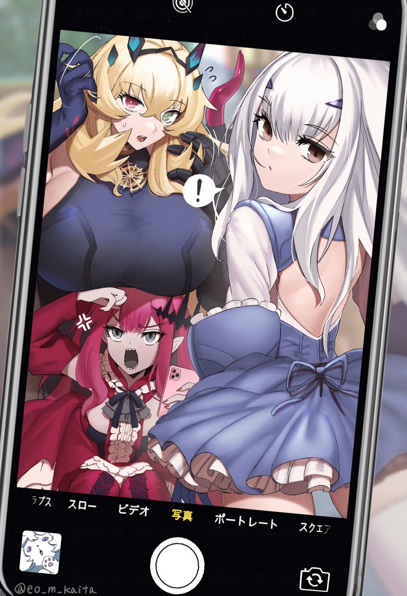 ! 3girls anger_vein backless_dress backless_outfit bangs black_ribbon blonde_hair blue_dress breasts brown_eyes cellphone cellphone_picture center_frills closed_mouth commentary_request detached_collar detached_sleeves dress eyebrows_visible_through_hair fairy_knight_gawain_(fate) fairy_knight_lancelot_(fate) fairy_knight_tristan_(fate) fate/grand_order fate_(series) flying_sweatdrops fou_(fate) frilled_dress frills gauntlets green_eyes grey_eyes hair_between_eyes hands_in_hair heterochromia highres holding holding_phone huge_breasts kaita_(mokamilkcup) long_hair looking_at_viewer medium_breasts multiple_girls neck_ribbon open_mouth phone pink_eyes pointy_ears purple_dress purple_hair purple_sleeves ribbon sharp_teeth sidelocks sitting smartphone speech_bubble taking_picture teeth tongue twitter_username two-tone_dress very_long_hair white_dress white_hair