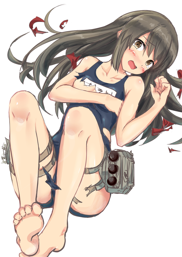 1girl bare_legs bare_shoulders black_hair blush feesu_(rinc7600) hair_down isonami_(kantai_collection) kantai_collection long_hair looking_at_viewer machinery open_mouth school_swimsuit solo swimsuit torn_clothes torn_swimsuit yellow_eyes