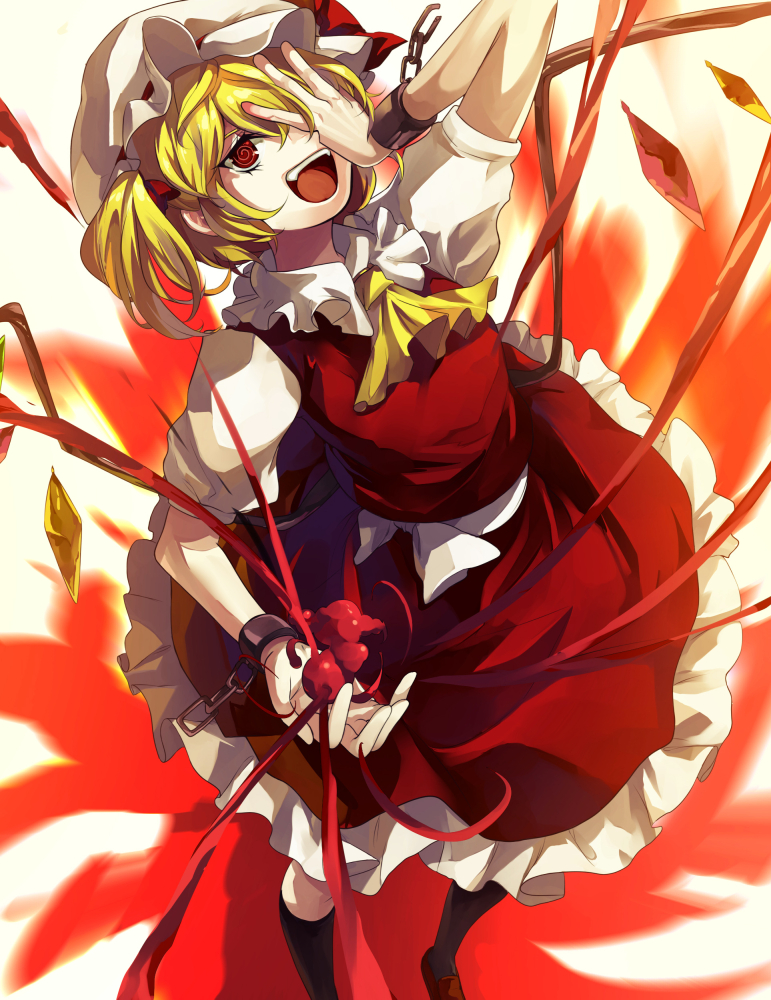 1girl :d @_@ ascot black_legwear blonde_hair covering_one_eye crazy cuffs eredhen flandre_scarlet hat kneehighs mob_cap open_mouth puffy_short_sleeves puffy_sleeves red_eyes short_hair short_sleeves side_ponytail skirt skirt_set smile solo touhou wings