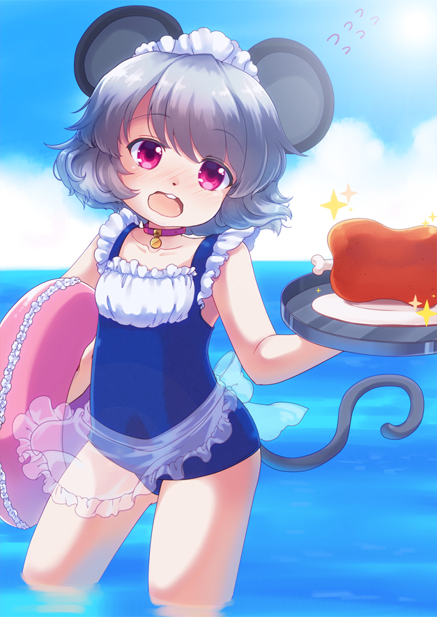 1girl animal_ears apron blush boned_meat collar food grey_hair innertube iris_anemone maid maid_apron maid_headdress meat mouse_ears mouse_tail nazrin red_eyes short_hair smile solo swimsuit tail touhou water