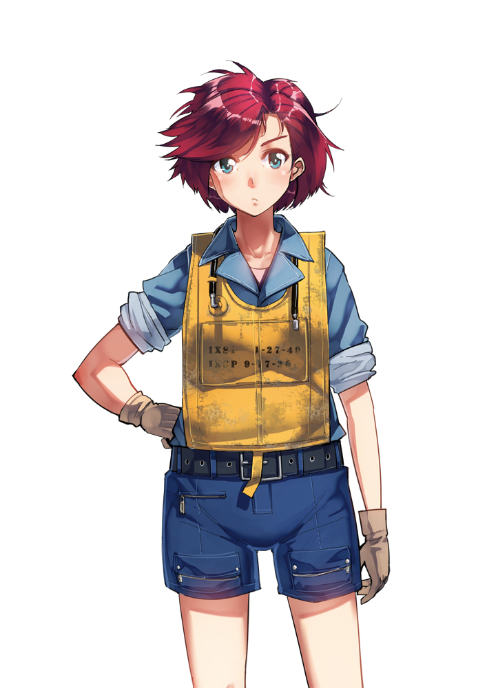 1girl :t belt collarbone gloves green_eyes hand_on_hip life_vest looking_at_viewer military military_uniform naval_uniform pilot redhead short_hair shorts simple_background siqi_(miharuu) sleeves_rolled_up solo uniform white_background world_war_ii