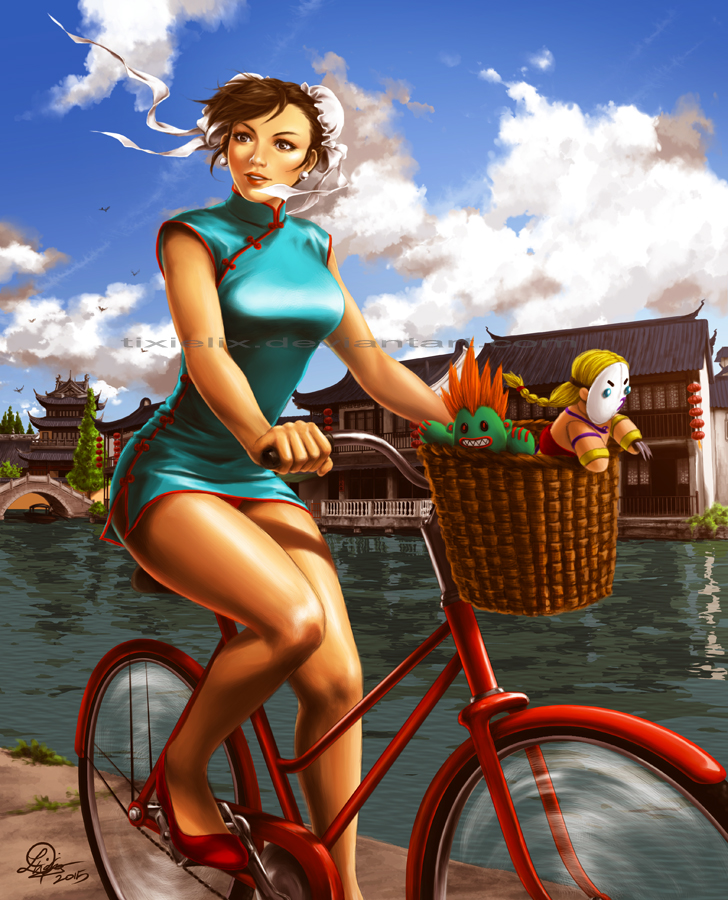 1girl alternate_costume bicycle bicycle_basket blanka blue_dress blue_sky breasts brown_eyes brown_hair bun_cover canal character_doll china_dress chinese_clothes chun-li double_bun dress earrings flats jewelry lips lipstick lixin_wang makeup nose panties pantyshot red_panties red_shoes riding shoes short_dress short_hair sky solo street_fighter underwear vega
