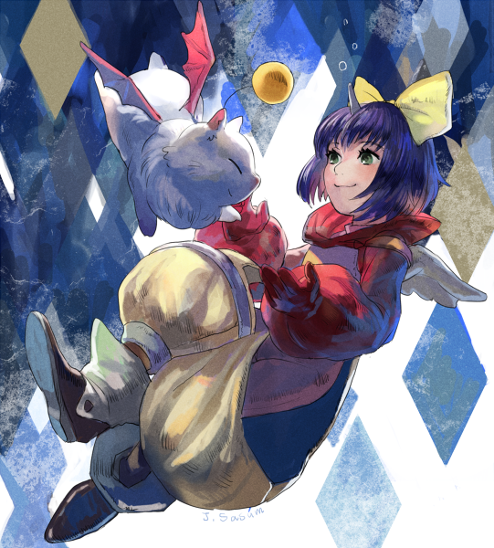 1girl abstract_background baggy_pants bow eiko_carol final_fantasy final_fantasy_ix floating gloves green_eyes hair_bow horn moogle pants puffy_sleeves purple_hair sasumata_jirou short_hair smile wings