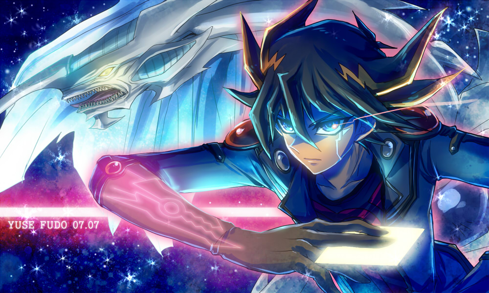 1boy black_hair blonde_hair blue_eyes card character_name collarbone dated dragon duel_monster fudou_yuusei gloves glowing glowing_eyes jacket multicolored_hair raijin-bh solo star stardust_dragon streaked_hair tattoo yuu-gi-ou yuu-gi-ou_5d's