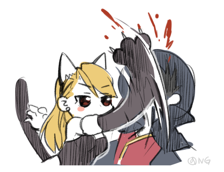 1boy 1girl animal_ears black_hair blonde_hair blood blush_stickers brown_eyes cape cat_ears chibi elbow_gloves fake_animal_ears fullmetal_alchemist gloves hat in_the_face kemonomimi_mode ng_(kimjae737) paw_gloves riza_hawkeye roy_mustang scratching top_hat