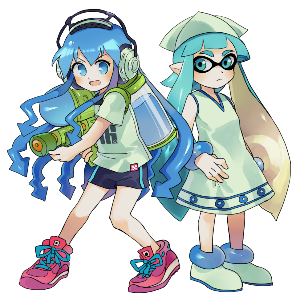 &gt;:d 2girls :d akita_(publisher) akiyoku blue_eyes blush diomedea dress hat headphones human ikamusume ikamusume_(cosplay) inkling inkling_(cosplay) look-alike nintendo nintendo_ead open_mouth shinryaku!_ikamusume shoes short_sleeves shorts smile splatoon squid_girl t-shirt tennis_shoes tentacle_hair tentacles trait_connection tv_tokyo