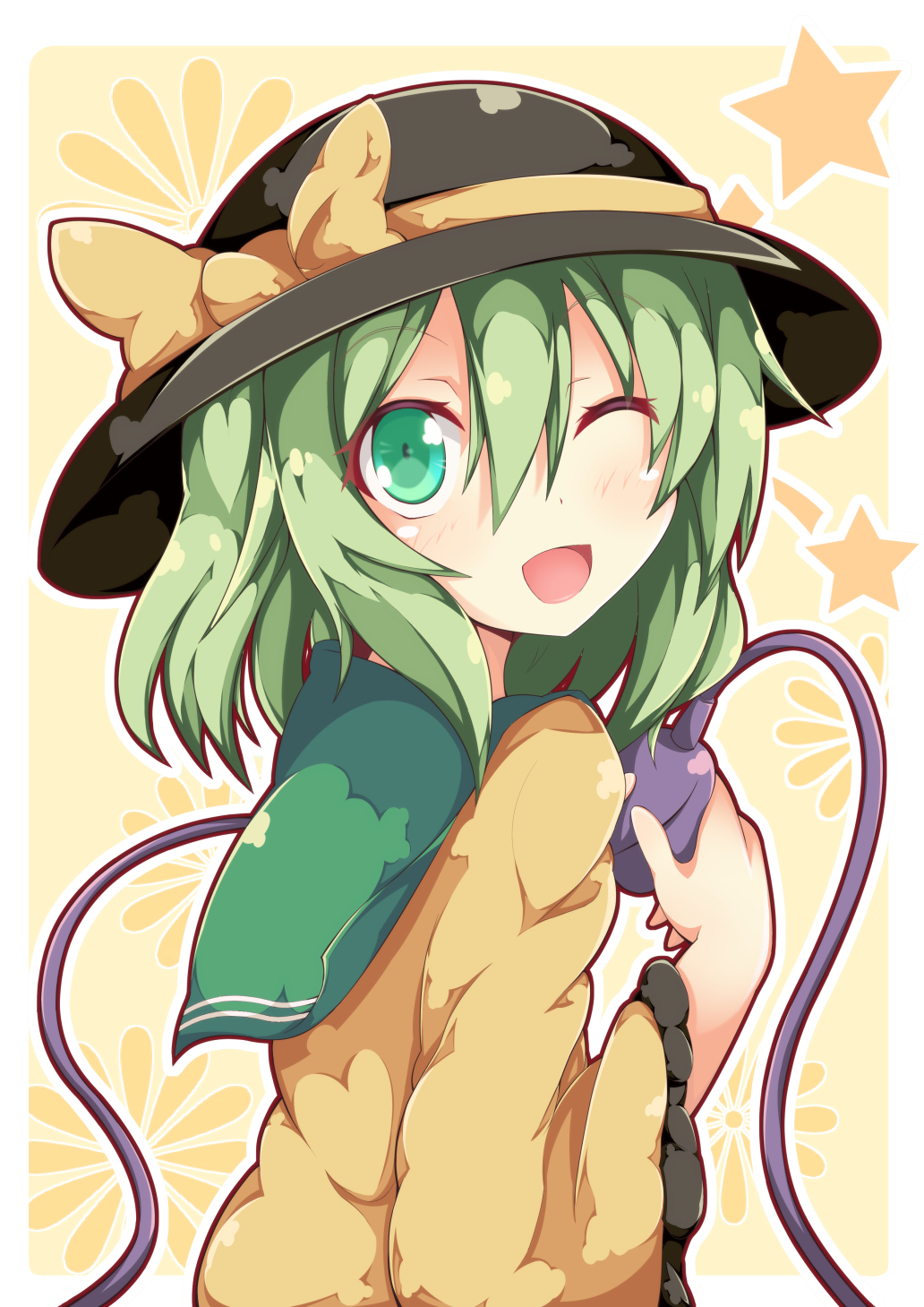 1girl bow green_eyes green_hair hat hat_bow highres kan_lee komeiji_koishi long_sleeves looking_at_viewer one_eye_closed open_mouth shirt smile solo star third_eye touhou upper_body wide_sleeves