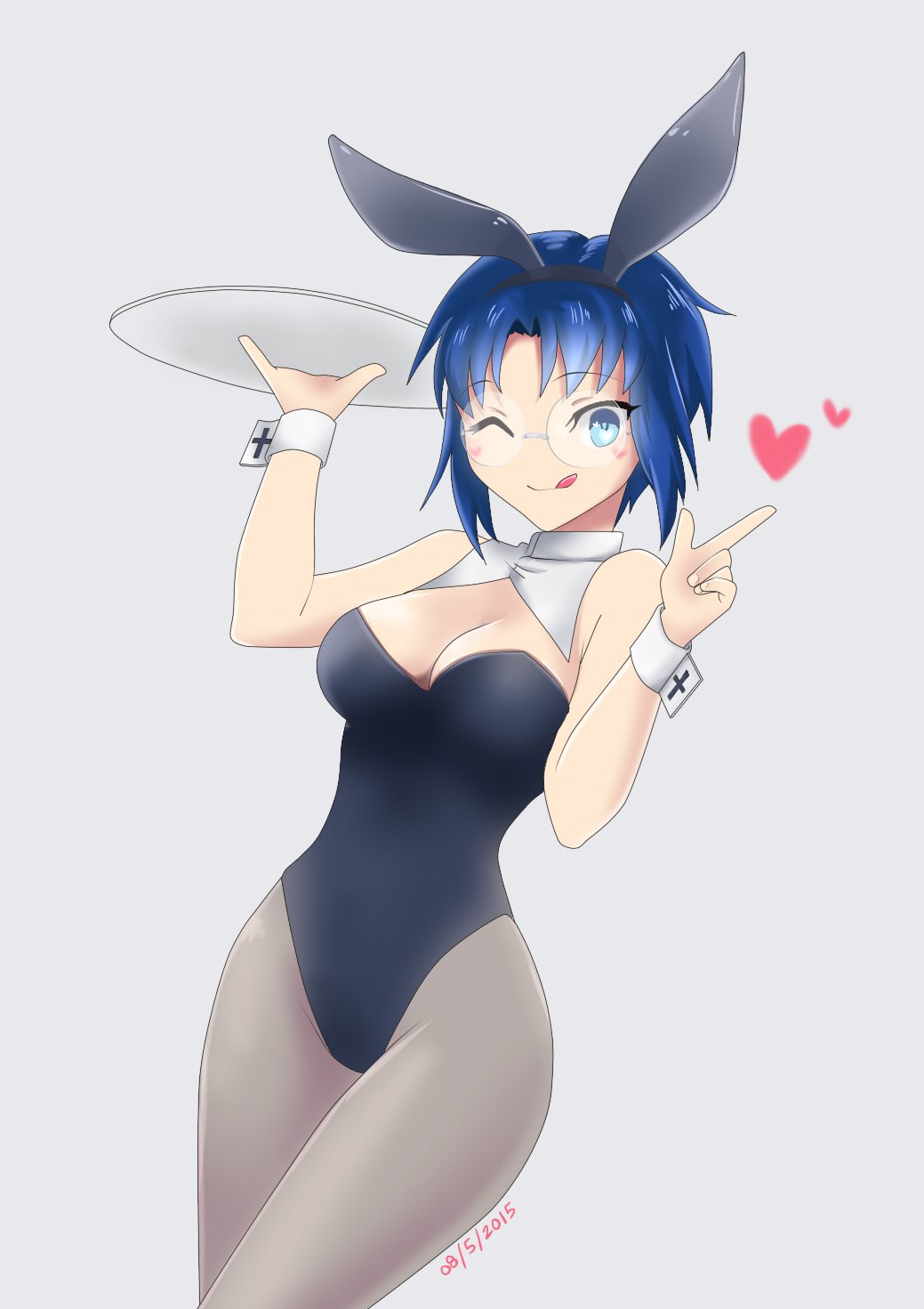 1girl ;p animal_ears blue_eyes blue_hair breasts bunnysuit choker ciel cleavage detached_collar glasses heart highres index_finger_raised large_breasts oceanbellereine one_eye_closed pantyhose rabbit_ears short_hair solo tagme tongue tongue_out tray tsukihime wrist_cuffs
