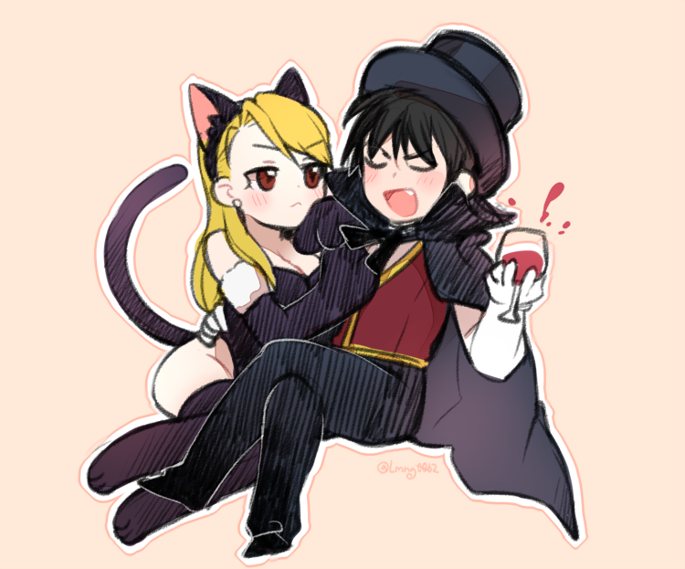 1boy 1girl :&lt; animal_ears arm_around_waist black_hair blonde_hair blush breasts brown_eyes cape cat_ears cat_tail chibi cleavage crossed_legs cup earrings elbow_gloves fake_animal_ears fang fullmetal_alchemist gloves hat jewelry kemonomimi_mode leotard ng_(kimjae737) paw_gloves playboy_bunny_leotard riza_hawkeye roy_mustang tail thigh-highs top_hat wine_glass