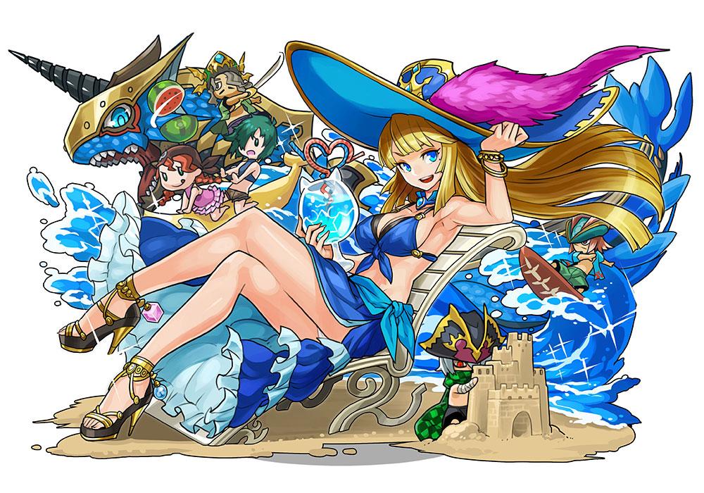 3boys 3girls :d anne_&amp;_mary_(p&amp;d) awilda_(p&amp;d) bartholomew_(p&amp;d) beach bikini blackbeard_(p&amp;d) blonde_hair blue_bikini blue_eyes breasts captain_kidd_(p&amp;d) chibi cleavage dragon hat high_heels hino_shinnosuke large_breasts long_hair multiple_boys multiple_girls open_mouth pirate_hat puzzle_&amp;_dragons sand_castle sand_sculpture simple_background sitting smile solo solo_focus star surfboard swimsuit tamadra water waves white_background