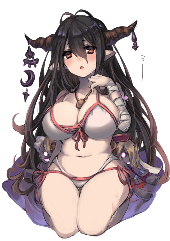 1girl bikini black_hair blue_hair blush breasts brown_eyes danua granblue_fantasy horn_ornament horns jewelry large_breasts long_hair looking_at_viewer navel parted_lips pendant pointy_ears puppet seiza shikino_yuki simple_background sitting solo swimsuit teeth translated white_background