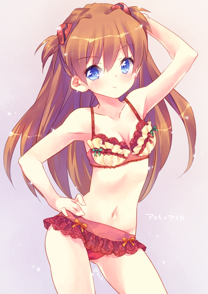 1girl arm_up bikini blue_eyes blush breasts brown_hair cleavage ech frilled_bikini frills hair_ornament hand_on_hip long_hair looking_at_viewer navel neon_genesis_evangelion sexy_pose simple_background solo souryuu_asuka_langley swimsuit twintails