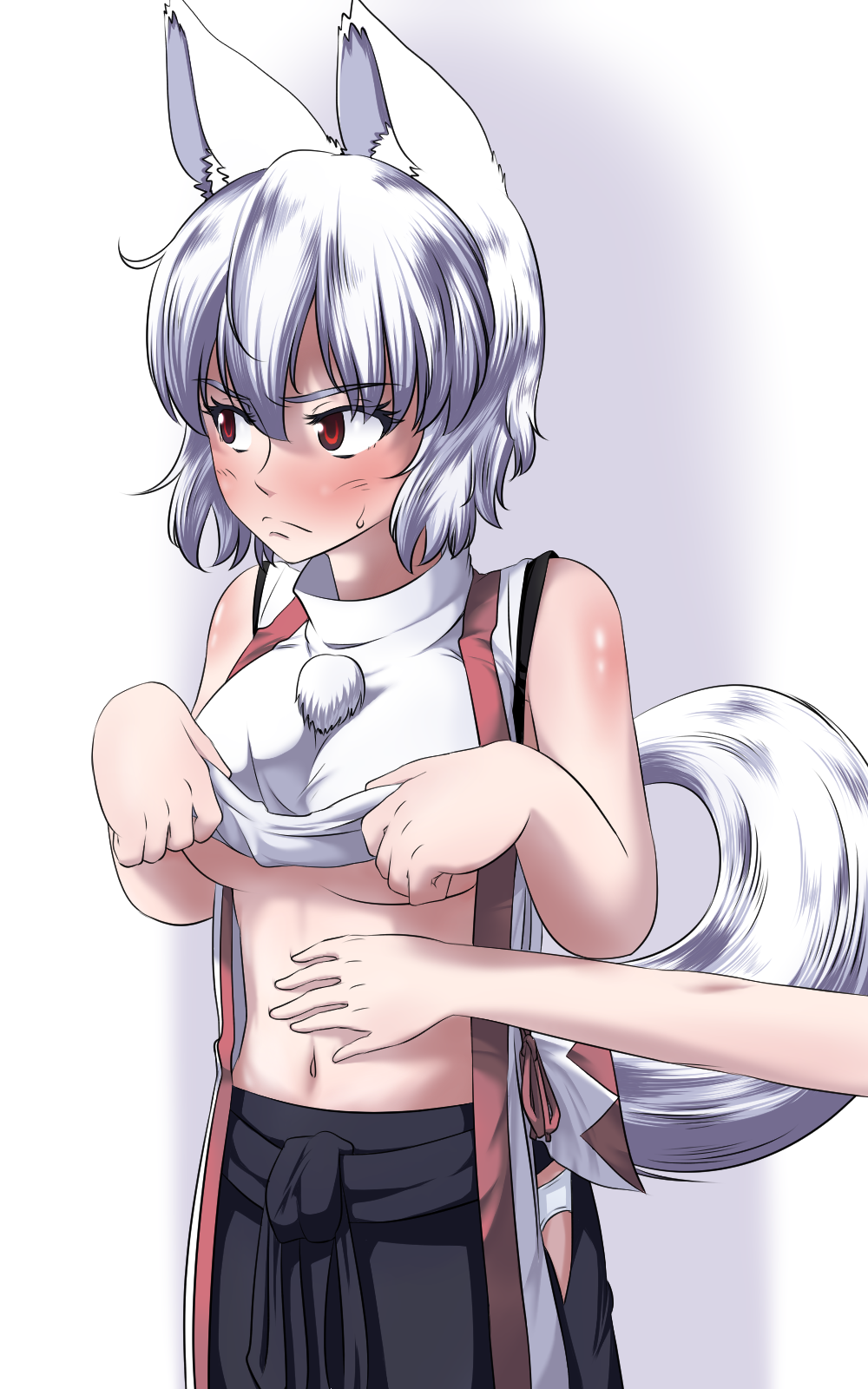1girl animal_ears blush breasts embarrassed hand_on_own_stomach highres inubashiri_momiji kouno_ibuki looking_away midriff navel panties pom_pom_(clothes) red_eyes short_hair solo sweat tail touhou under_boob underwear wolf_ears wolf_tail