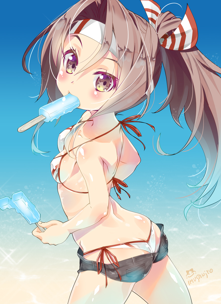 1girl alternate_costume artist_name ass bare_shoulders bikini bikini_under_clothes brown_eyes colored_eyelashes commentary_request denim denim_shorts eating from_above hachimaki headband high_ponytail highres imu_sanjo kantai_collection light_brown_hair long_hair midriff mouth_hold ponytail popsicle shiny shiny_skin shorts side-tie_bikini signature small_breasts solo swimsuit swimsuit_under_clothes zuihou_(kantai_collection)