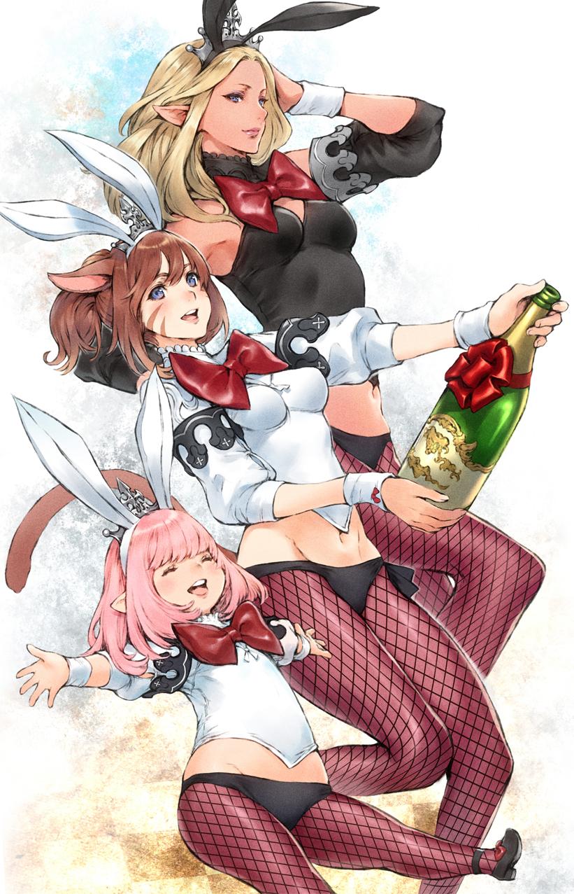 3girls :d alcohol animal_ears blonde_hair blue_eyes bowtie breasts brown_hair champagne closed_eyes dark_skin detached_sleeves elezen elf fake_animal_ears final_fantasy final_fantasy_xiv fishnet_pantyhose fishnets groin highres lalafell long_hair looking_at_viewer makimura_shunsuke miqo'te multiple_girls navel open_mouth pantyhose pink_hair pointy_ears ponytail rabbit_ears short_hair smile teeth tiara