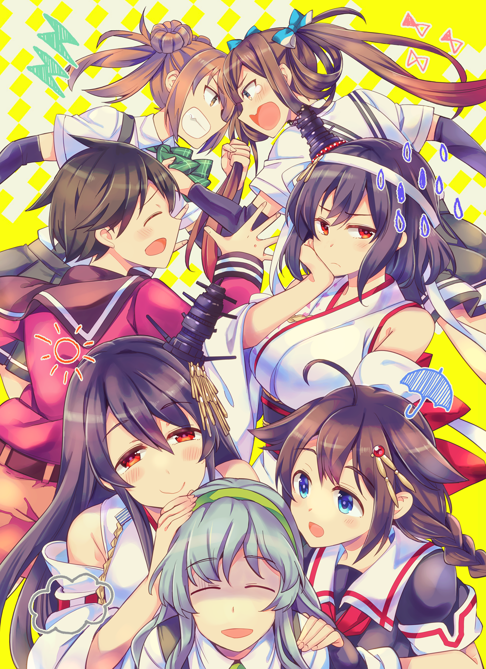6+girls ahoge arm_warmers asagumo_(kantai_collection) bare_shoulders black_gloves black_hair blonde_hair blue_eyes blue_hair blush braid breasts brown_hair closed_eyes detached_sleeves double_bun fingerless_gloves floral_print fusou_(kantai_collection) gloves grabbing green_hair grey_eyes hair_bun hair_flaps hair_ornament hair_ribbon hairband hand_on_another's_head hand_on_another's_shoulder headband highres japanese_clothes kantai_collection large_breasts long_hair looking_away michishio_(kantai_collection) mogami_(kantai_collection) multiple_girls nontraditional_miko open_mouth pleated_skirt red_eyes remodel_(kantai_collection) ribbon school_uniform serafuku shigure_(kantai_collection) short_hair short_twintails silver_hair single_braid skirt smile sun suspenders sweatdrop tagme takitarou tears twintails umbrella wavy_hair yamagumo_(kantai_collection) yamashiro_(kantai_collection) yellow_eyes