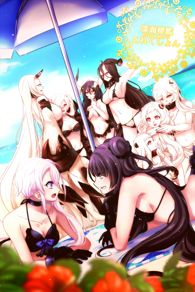 6+girls airfield_hime anchorage_water_oni battleship-symbiotic_hime beach bikini breasts destroyer_hime juurouta kantai_collection light_cruiser_oni midway_hime multiple_girls northern_ocean_hime seaport_hime shinkaisei-kan swimsuit