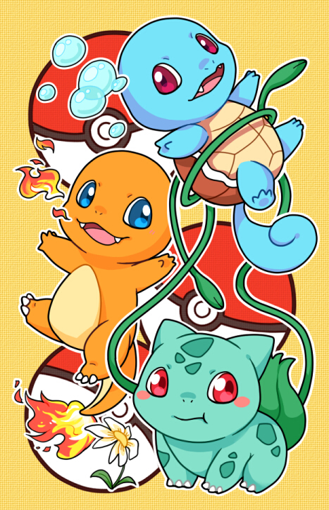 blue_eyes blush_stickers bulbasaur charmander fangs fire flower no_humans open_mouth poke_ball pokemon pokemon_(creature) red_eyes squirtle zrae