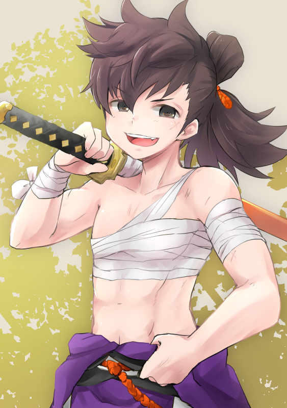 1boy abs brown_eyes brown_hair fire_emblem fire_emblem_if hinata_(fire_emblem_if) katana muscle open_mouth scar shirtless solo sword weapon