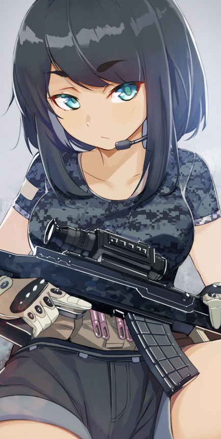 1girl aqua_eyes battlefield_4 black_hair gloves holding_gun holding_weapon microphone military military_uniform original satori0121 sidelocks solo uniform