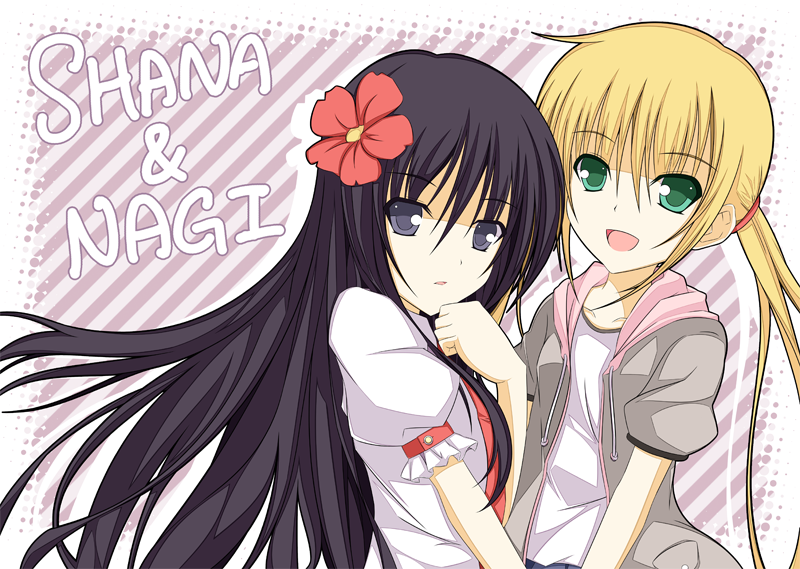 2girls black_hair blonde_hair character_name flower green_eyes hair_flower hair_ornament hayate_no_gotoku! hoodie kugimiya_rie long_hair mico_(cwc) multiple_girls open_clothes open_hoodie pocket puffy_short_sleeves puffy_sleeves sanzen'in_nagi seiyuu_connection shakugan_no_shana shana shirt short_sleeves smile twintails upper_body