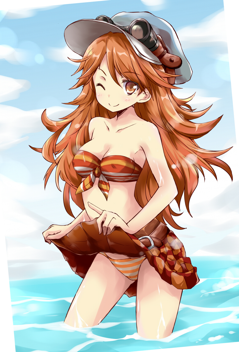 1girl ;) artist_request belt bikini brown_eyes brown_hair front-tie_top goggles goggles_on_hat granblue_fantasy hat long_hair looking_at_viewer marie_(granblue_fantasy) one_eye_closed panties plaid plaid_skirt skirt skirt_lift smile solo strapless striped striped_bikini striped_panties striped_swimsuit swimsuit underwear wading