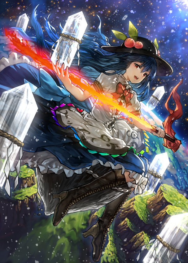 1girl benitama blue_hair boots bow cross-laced_footwear dress dutch_angle food frills fruit full_body hat hinanawi_tenshi lace-up_boots layered_dress long_hair looking_at_viewer open_mouth peach puffy_sleeves red_eyes rock rope shimenawa short_sleeves sitting smile solo sword_of_hisou touhou