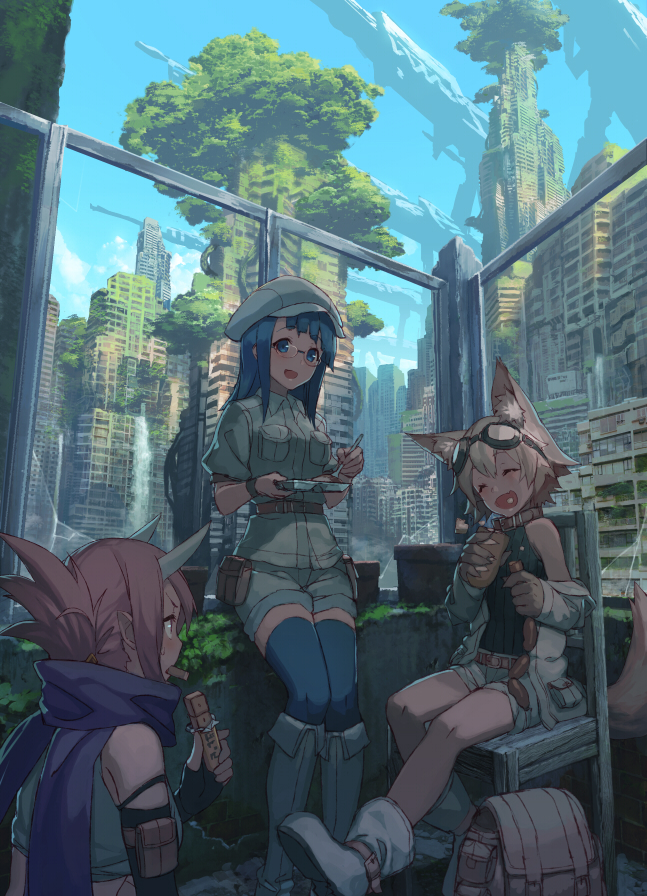 3girls :d ^_^ animal_ears backpack bag blue_eyes blue_hair blush boots bread broken_glass building cabbie_hat chair closed_eyes clouds collar eating folded_ponytail food glass glasses goggles goggles_on_head hat holding holding_food horns izumi_sai jacket long_hair looking_at_another multiple_girls open_mouth original overgrown pointy_ears redhead rimless_glasses ruins sausage scarf shirt short_hair short_sleeves shorts sitting skyscraper smile sweatdrop tail thigh-highs water waterfall wristband