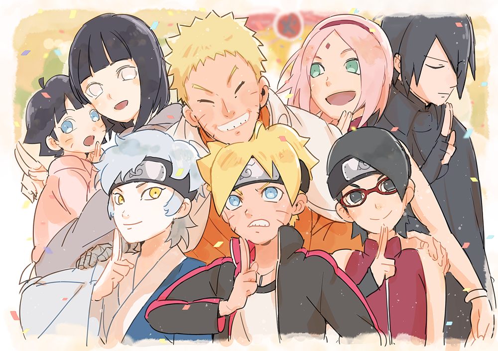 4boys 4girls black_hair blonde_hair blue_eyes facial_mark forehead_mark forehead_protector glasses green_eyes grin hand_on_shoulder hand_seal haruno_sakura hyuuga_hinata looking_at_viewer mitsuki_(naruto) multiple_boys multiple_girls naritama_saty naruto pink_hair red-framed_glasses short_hair smile uchiha_sarada uchiha_sasuke uzumaki_boruto uzumaki_himawari uzumaki_naruto white_eyes yellow_eyes