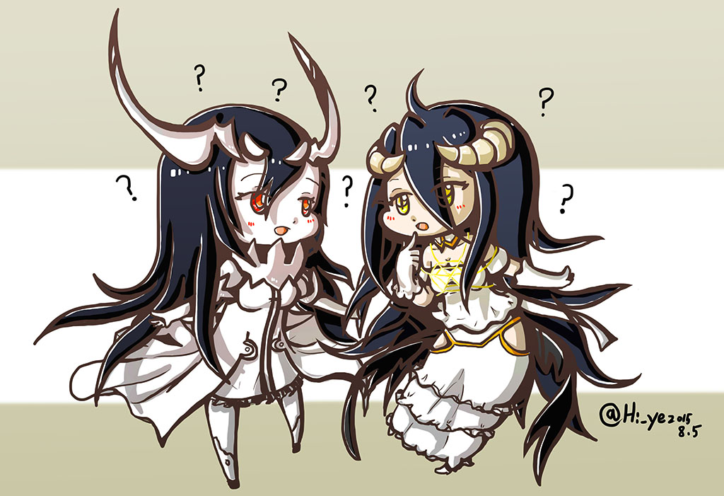2girls :d ? ahoge albedo anchorage_water_oni bare_shoulders black_hair breasts chibi cleavage crossover demon_girl demon_horns detached_collar dress eyes_visible_through_hair finger_to_mouth frilled_dress frills gloves hi_ye horns kantai_collection long_hair look-alike looking_at_another multiple_girls open_mouth overlord_(maruyama) overskirt pelvic_curtain red_eyes shinkaisei-kan smile twitter_username white_dress white_gloves white_skin yellow_eyes
