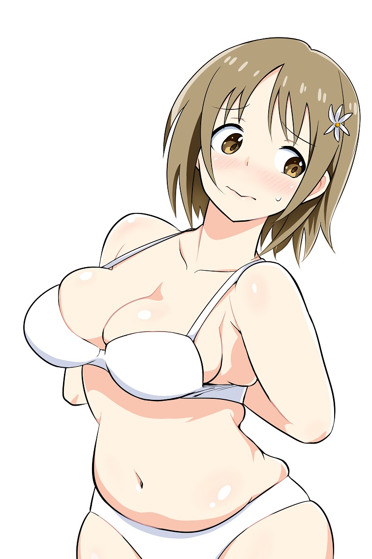 1girl 3: arms_behind_back blush bra breasts brown_eyes brown_hair cleavage collarbone dressing flower hair_flower hair_ornament idolmaster idolmaster_cinderella_girls looking_back looking_to_the_side mimura_kanako navel panties rikosyegou short_hair simple_background skindentation solo underwear white_background white_bra white_panties