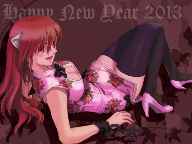 1girl black_legwear breasts chinese_clothes cleavage elfen_lied high_heels horns long_hair looking_at_viewer looking_back lucy nyuu open_mouth pink_hair red_eyes short_hair smile solo thigh-highs