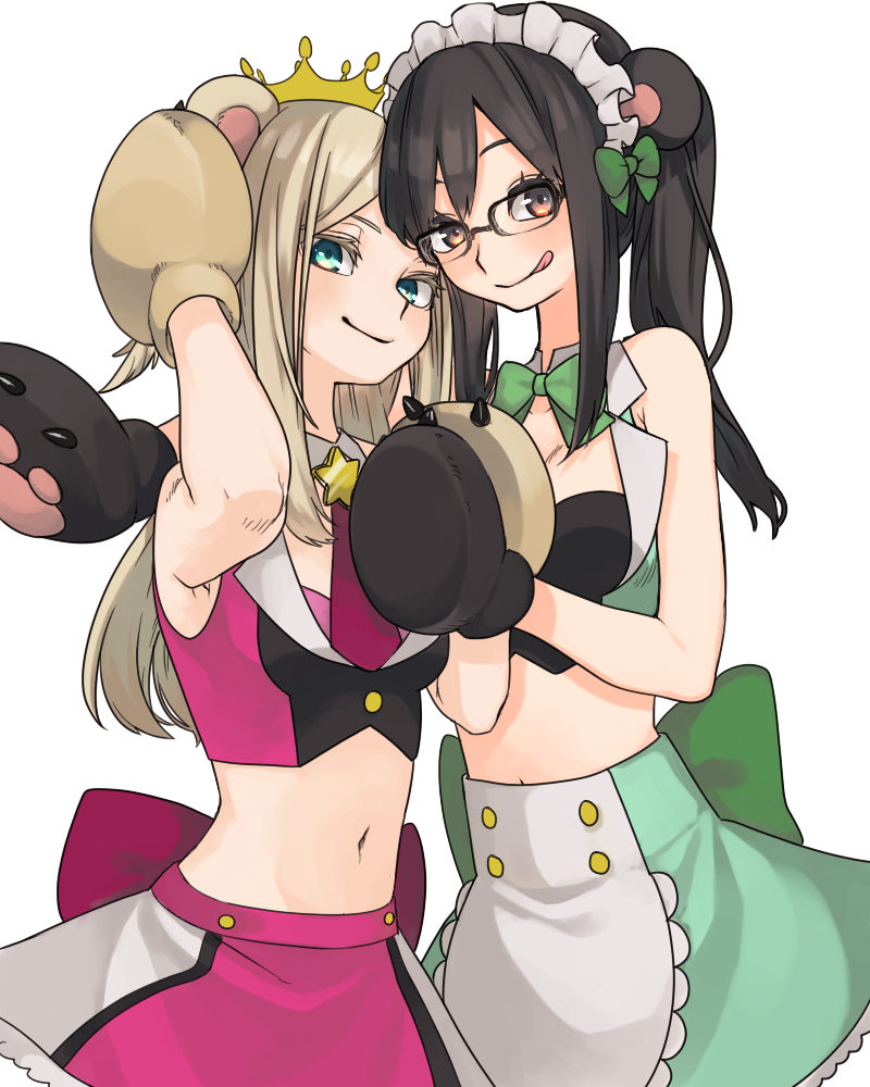 2girls animal_ears bear_ears bear_paws black_hair blonde_hair cosplay crown glasses green_eyes konami_kirie long_hair maid_headdress midriff multiple_girls skirt usami_shiori usasaki_shiro world_trigger yuri_kuma_arashi yurigasaki_lulu yurigasaki_lulu_(cosplay) yurishiro_ginko yurishiro_ginko_(cosplay)