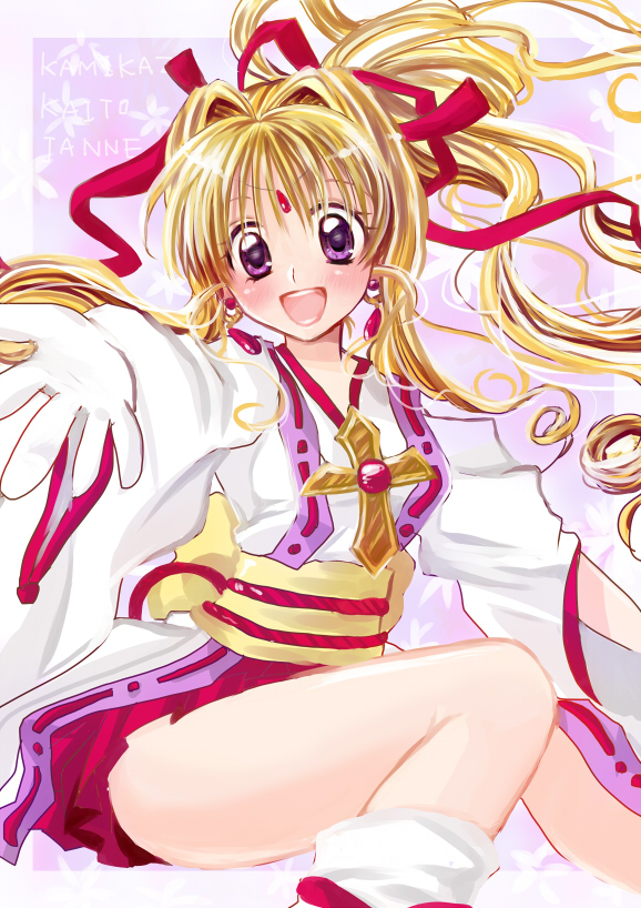 1girl :d blonde_hair blush copyright_name earrings hair_intakes hair_ribbon jewelry kaitou_jeanne kamikaze_kaitou_jeanne kusakabe_maron long_hair magical_girl open_mouth outstretched_hand ponytail red_ribbon red_skirt ribbon skirt smile solo violet_eyes yaya_(yayaya)